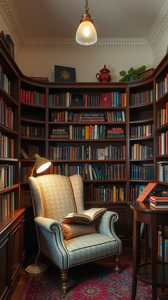 A cozy reading nook with a comfortable chair, bookshelves filled with books, and a warm lamp.