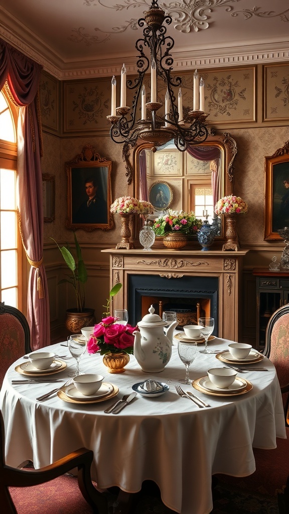 Elegant Victorian dining room setup with round table, fine china, and chandelier.