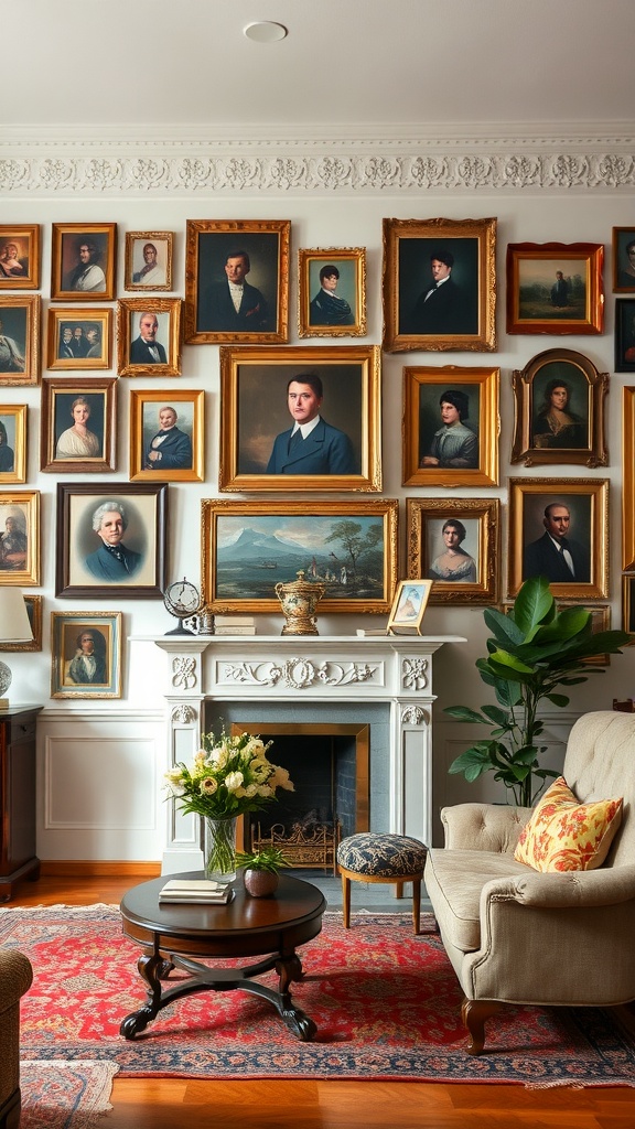 A gallery wall filled with framed portraits in a Victorian living room.