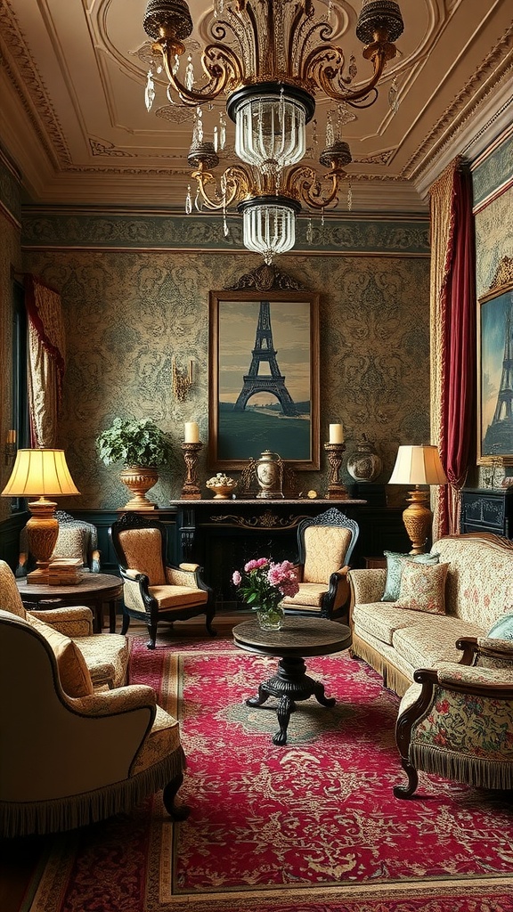 A luxurious Victorian living room featuring elegant furniture, rich colors, and ornate decor.