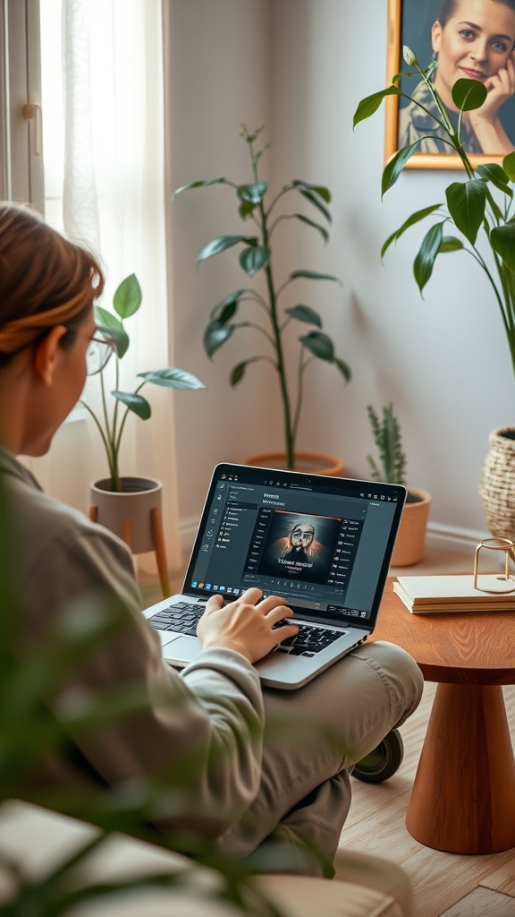 Person sitting with a laptop, creating a relaxation playlist in a cozy room with plants.