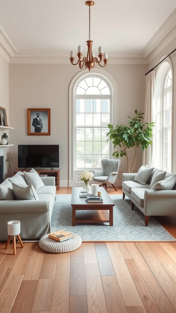 A stylish Victorian living room with elegant furniture and a chandelier.