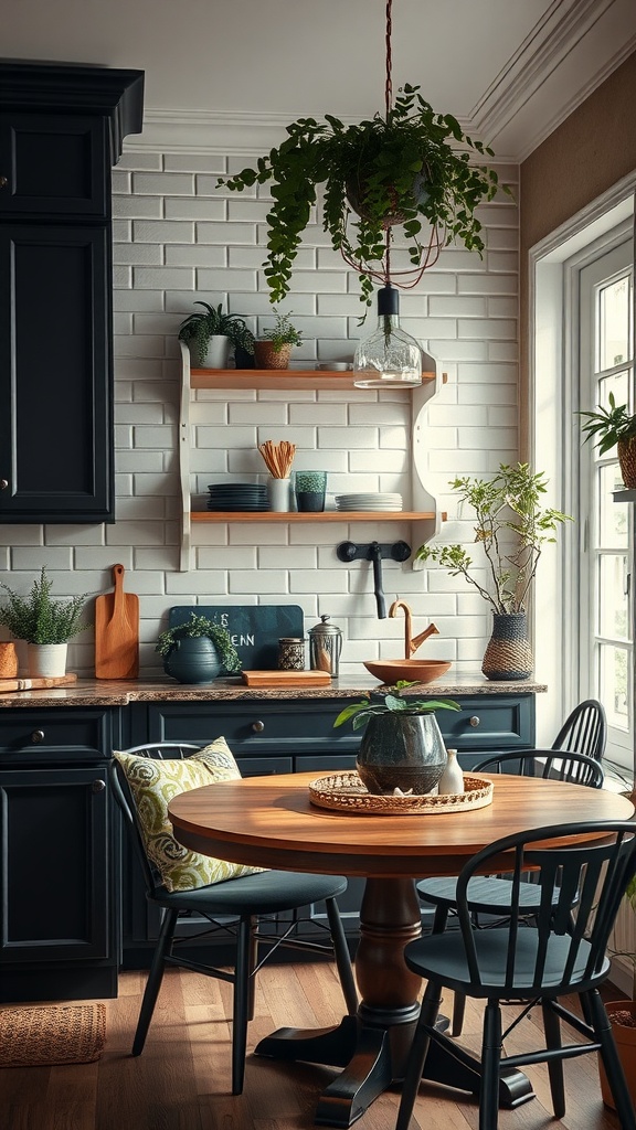 A cozy black kitchen nook featuring dark cabinets, wooden accents, and plants.