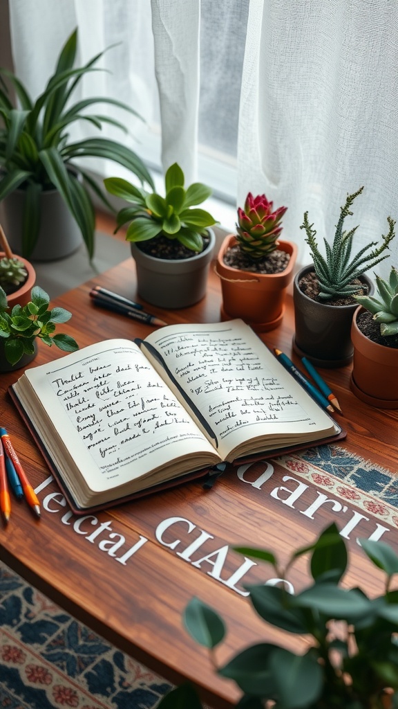 An open journal with handwritten notes surrounded by potted plants and colored pens