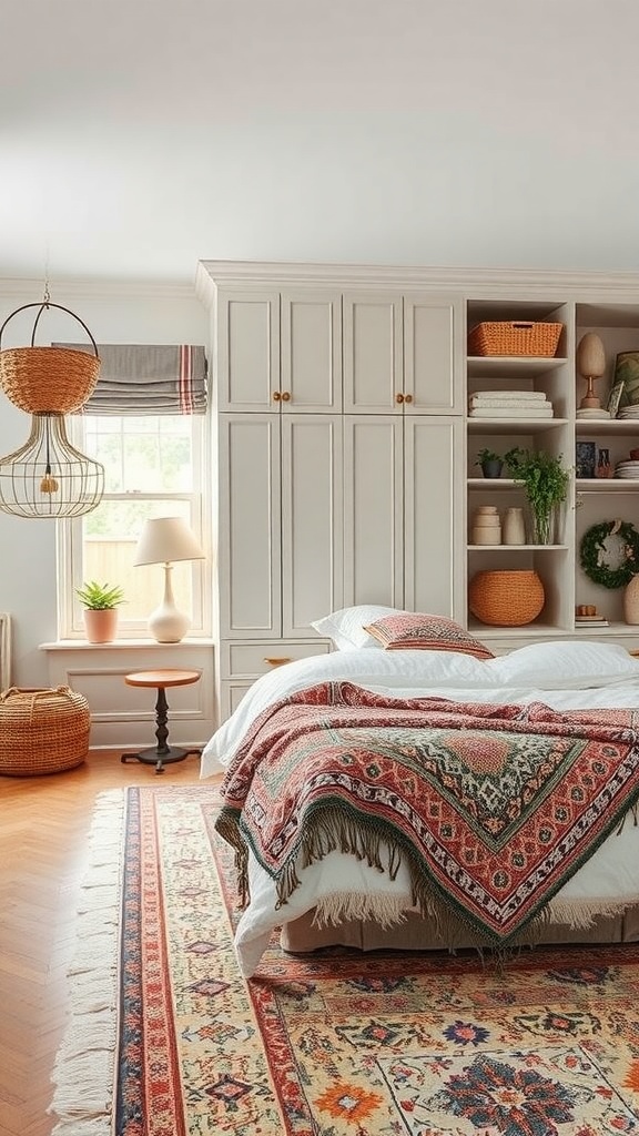 A stylish bohemian bedroom featuring creative storage solutions with a cozy bed, patterned blanket, and filled shelves.