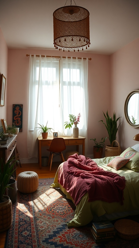 A cozy bohemian bedroom featuring a bed with a warm blanket, a vintage rug, and a mirror reflecting natural light.