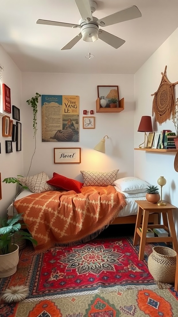 A cozy bohemian bedroom featuring a bed with warm blankets, plants, and vintage decor.