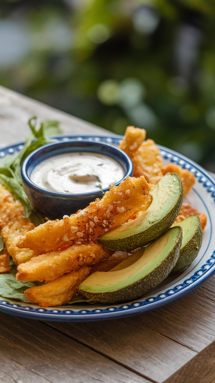 A plate of crispy avocado fries served with a dipping sauce and fresh greens.