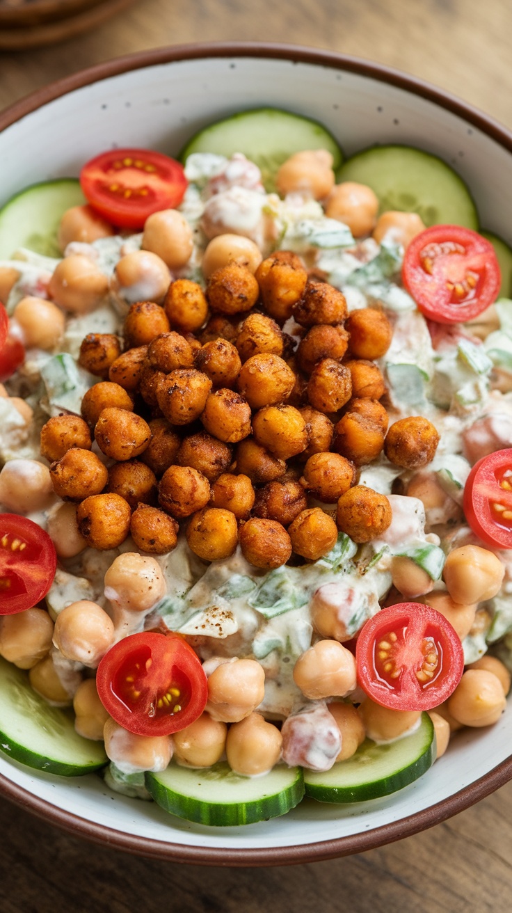 A colorful bowl of crispy chickpea salad with cucumbers, cherry tomatoes, and a creamy dressing.