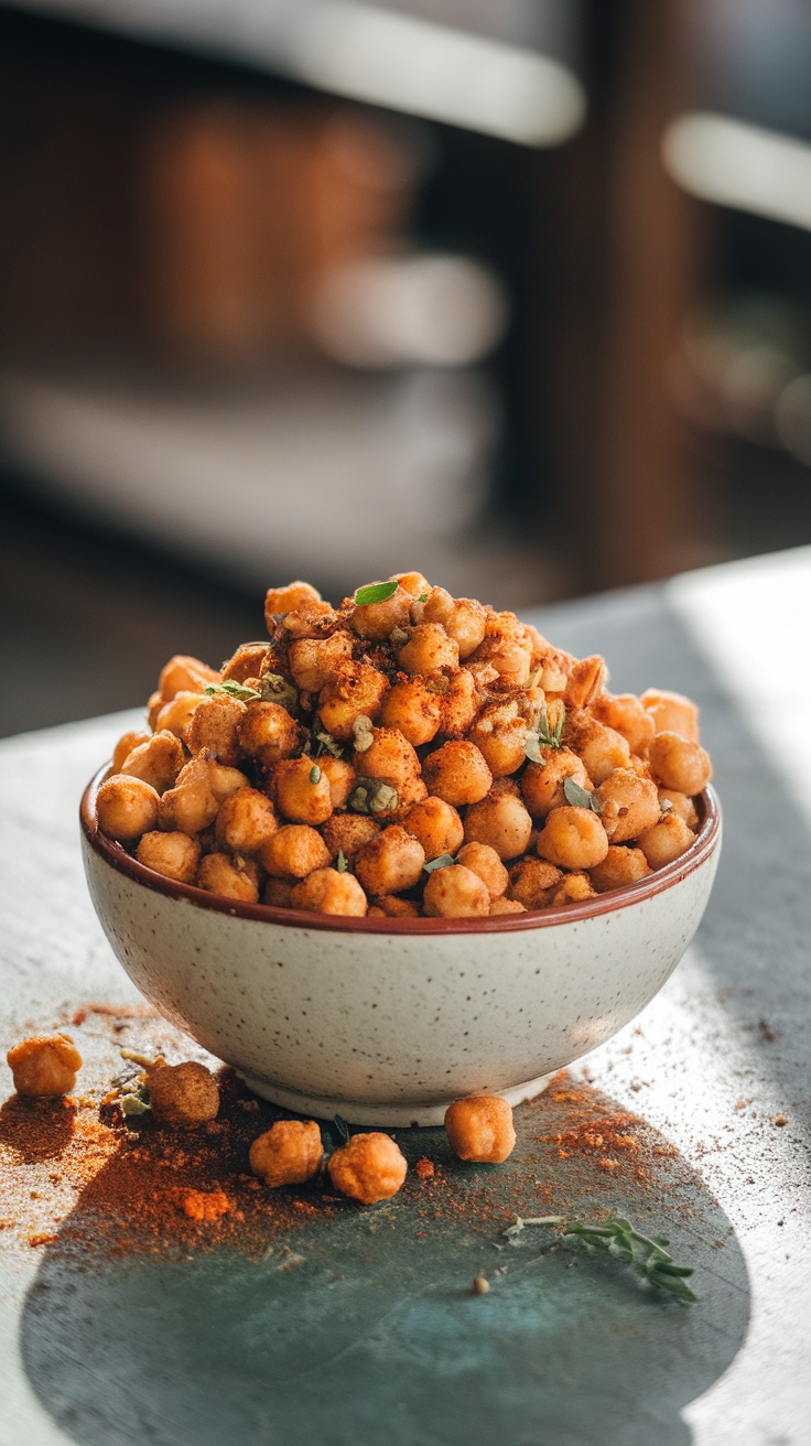 A bowl of crispy spicy chickpeas seasoned with spices and garnished with herbs.