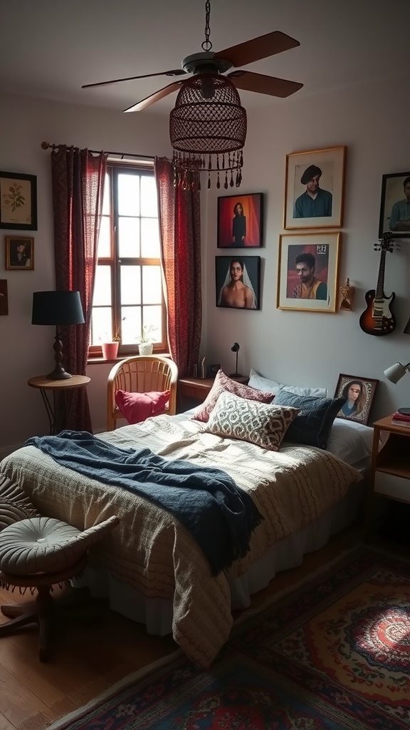 A cozy bohemian bedroom with vintage decor and cultural elements.