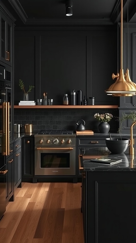 A modern black kitchen featuring brass accents and wooden flooring.