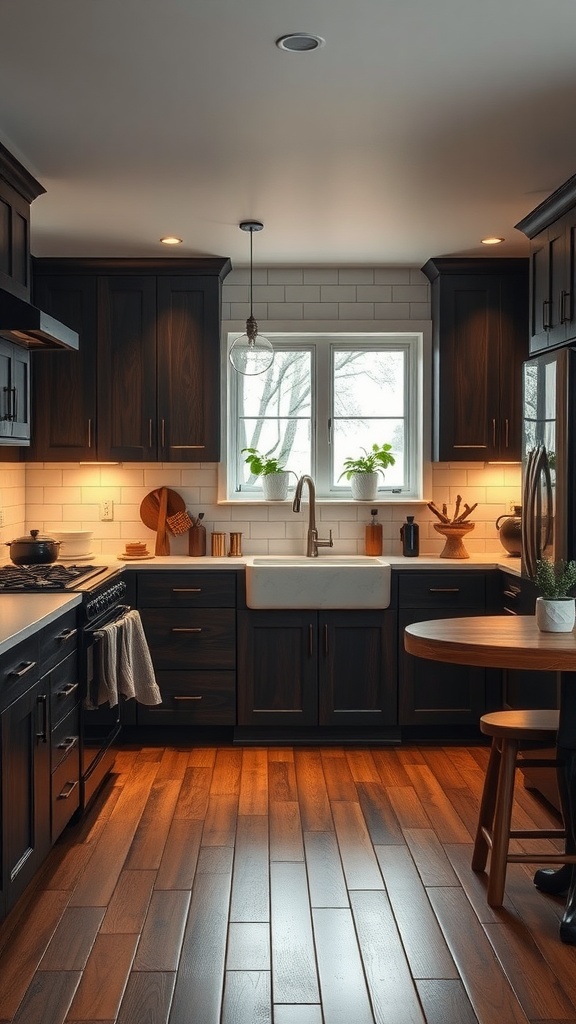 A kitchen with dark wood cabinetry and black accents