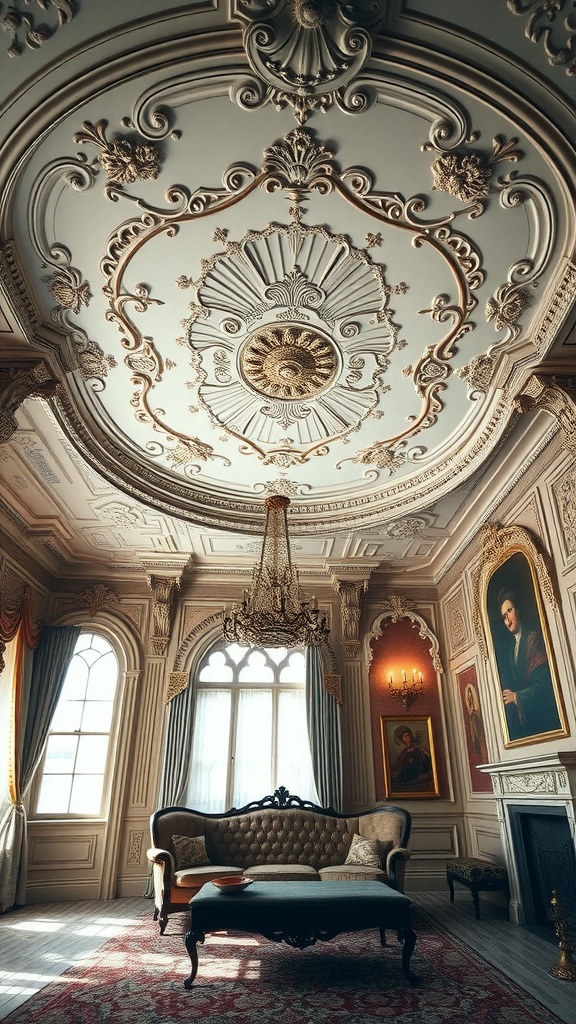 An elegant Victorian living room showcasing ornate ceiling moldings and vintage decor.