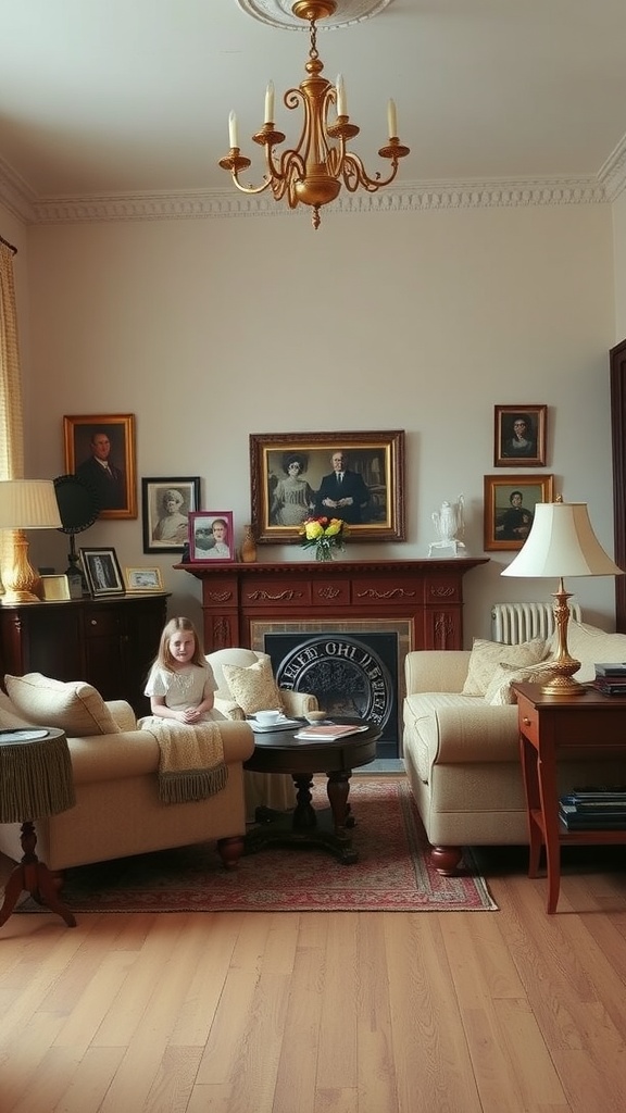 A cozy Victorian living room featuring elegant furniture and decor