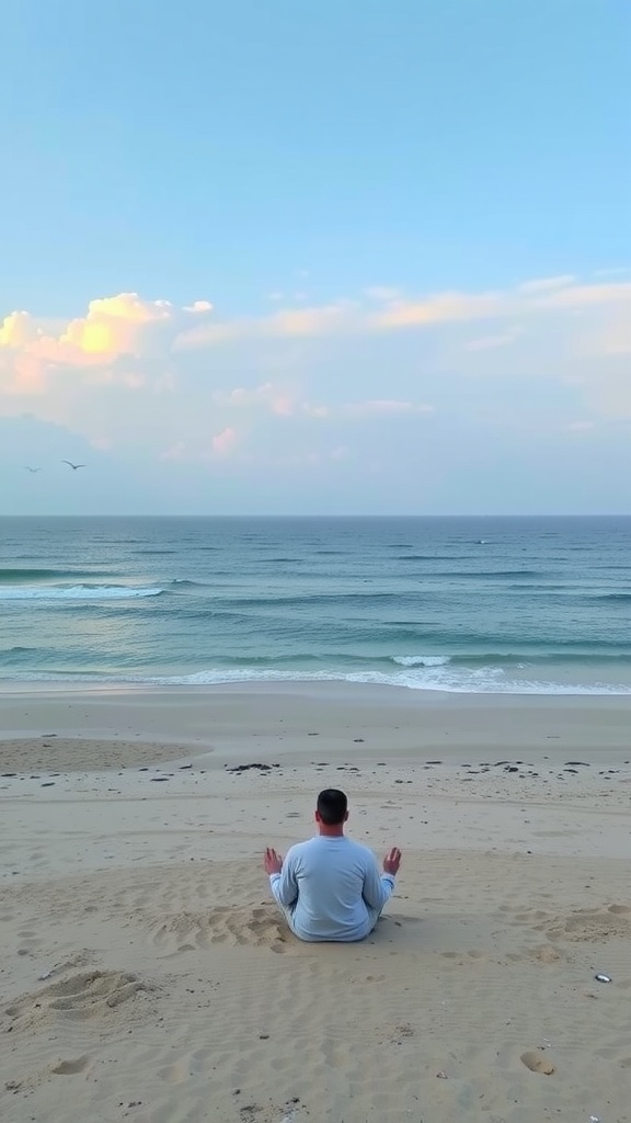 A person meditating on the beach, facing the ocean under a clear sky.