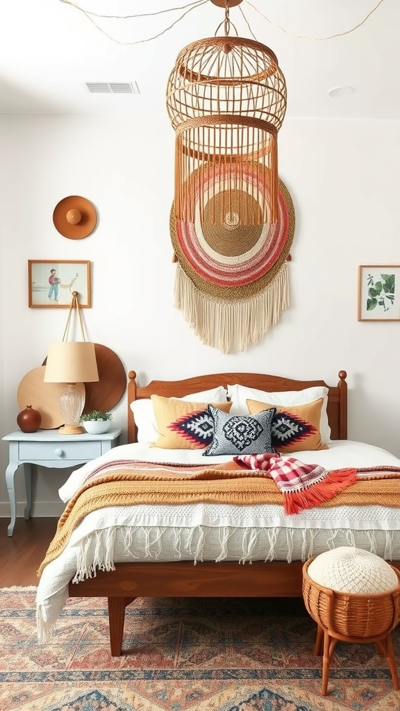 A beautifully decorated bohemian bedroom with handmade decor elements.