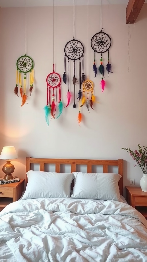 A cozy bedroom featuring multiple colorful dreamcatchers hanging above a neatly made bed.