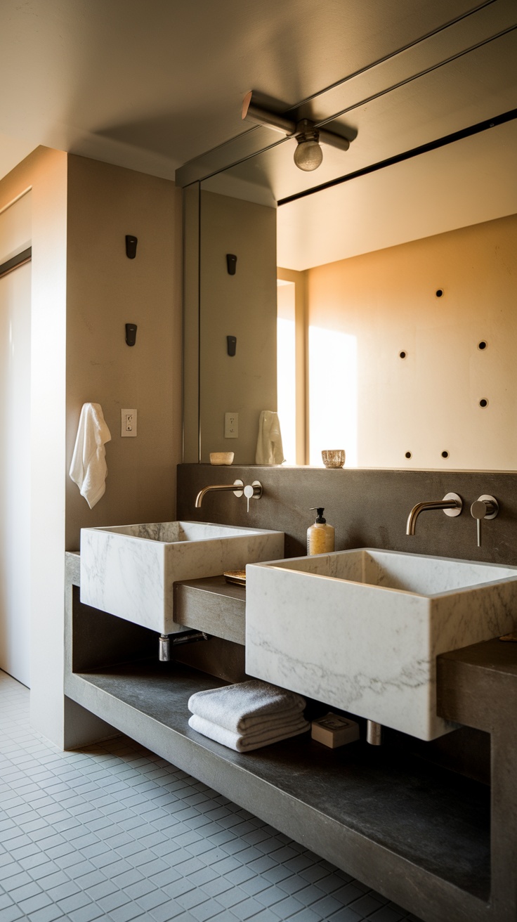 Modern bathroom with dual sinks and a minimalist design.