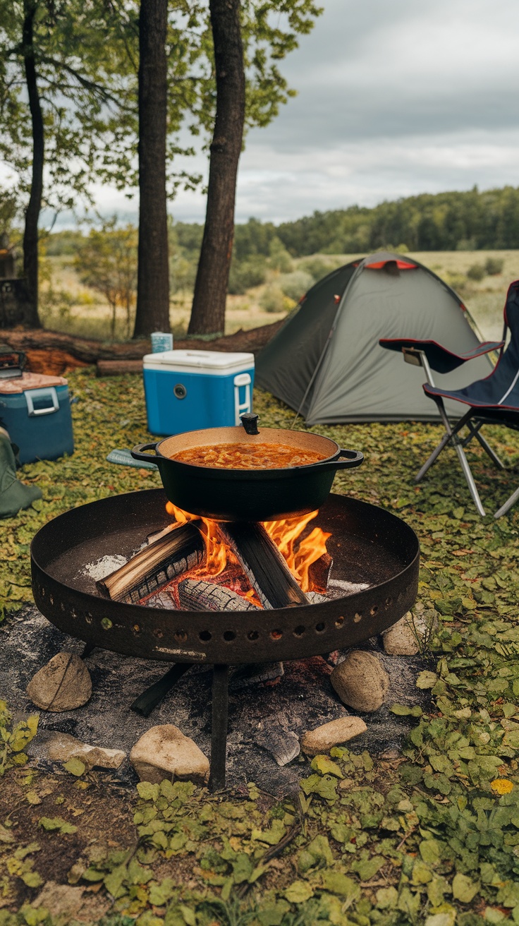 A Dutch oven cooking chili over an open flame in a natural setting.