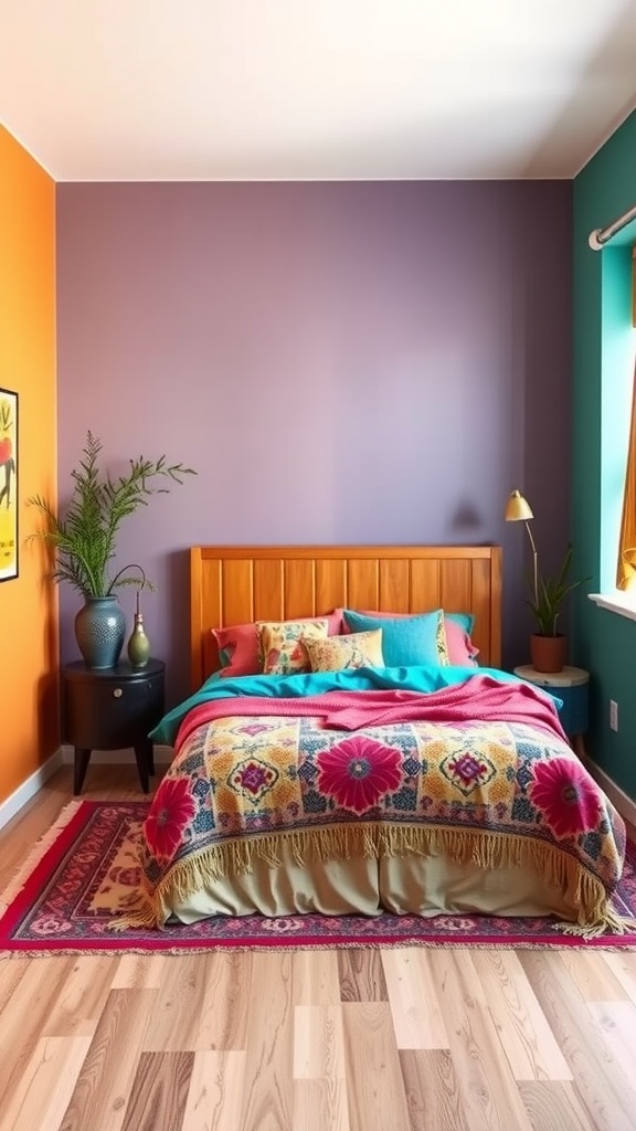 A colorful bohemian bedroom featuring vibrant walls and a cozy bed