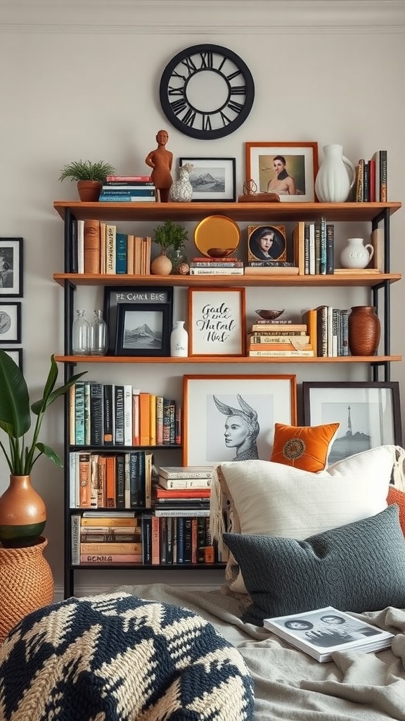 A stylish shelf displaying books, photos, and decorative items in a bohemian bedroom.