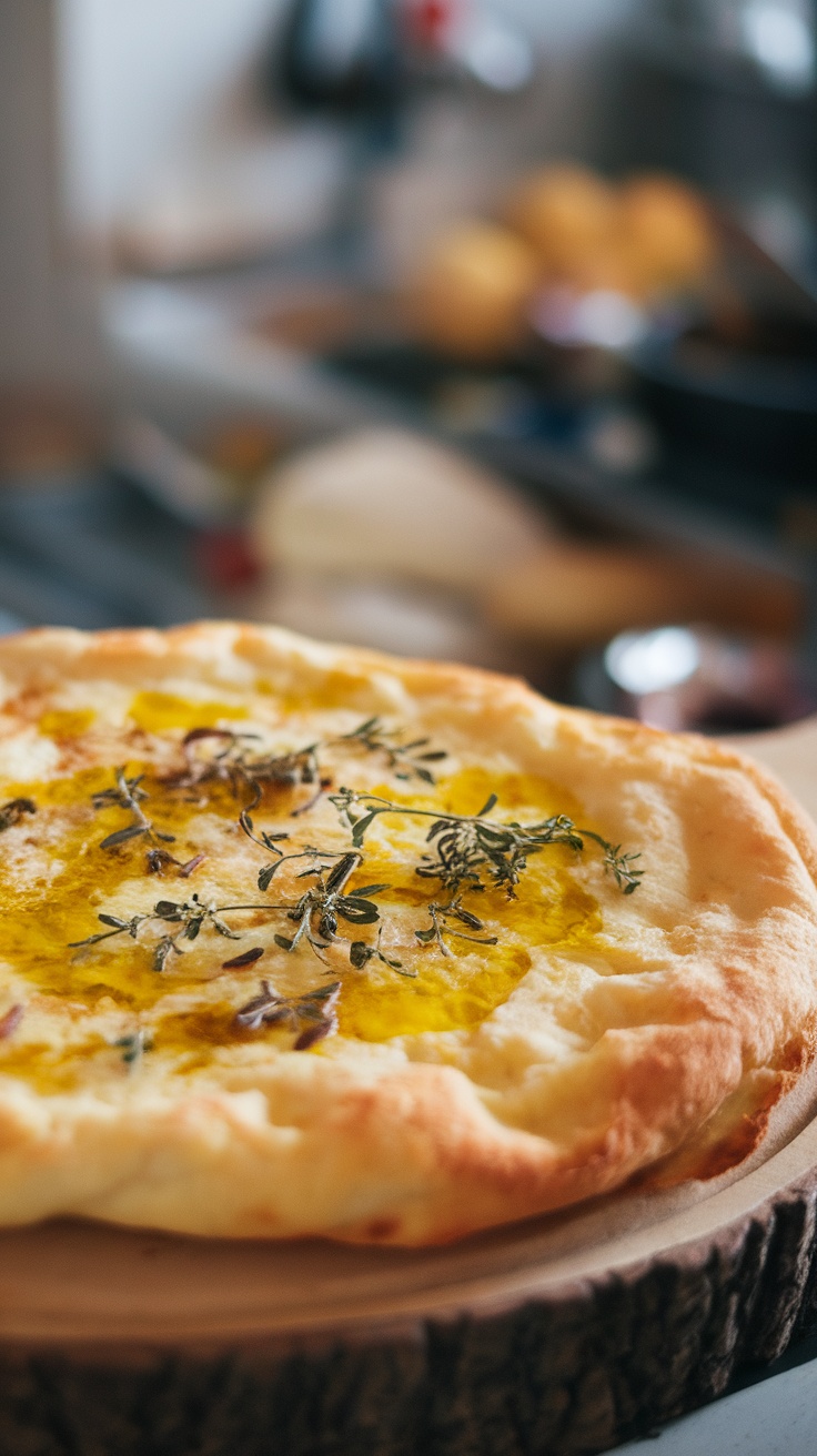 A delicious looking flatbread topped with olive oil and herbs.