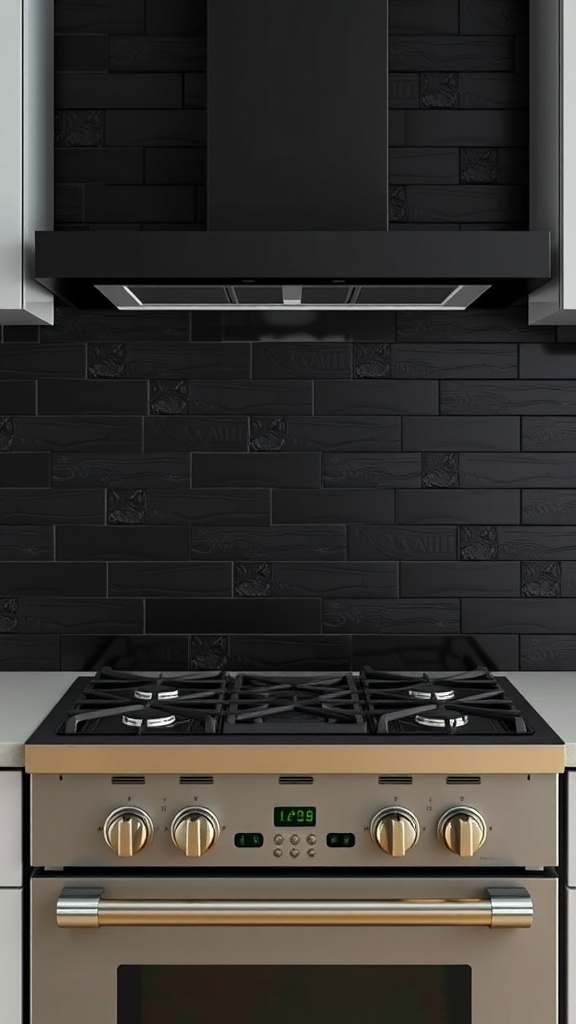 A modern kitchen with a black backsplash and gold-accented stove.