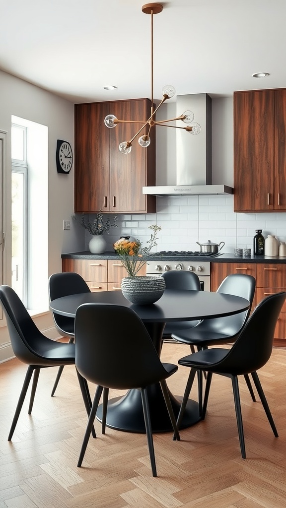 Elegant black dining area featuring a round black table, black chairs, and wooden cabinets.