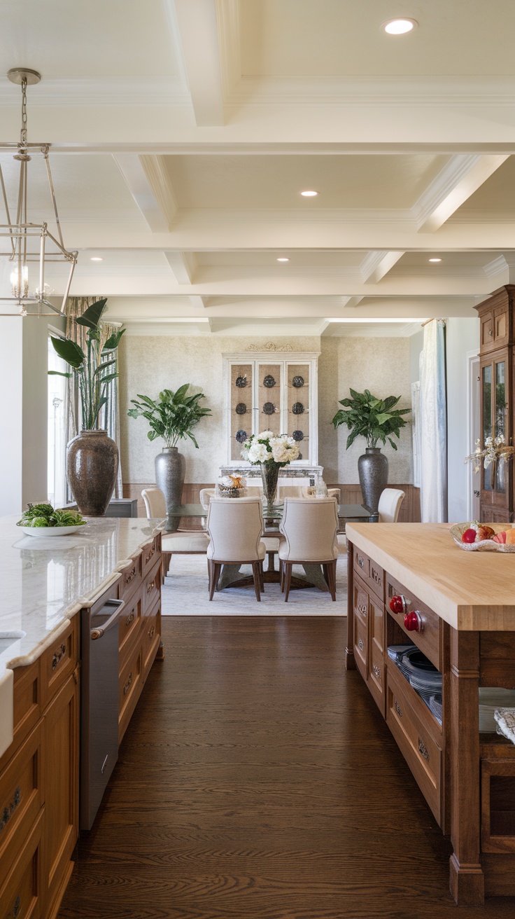 A modern luxury kitchen featuring elegant dining space with stylish furniture and decor.