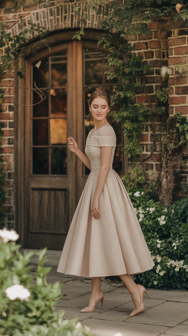 A woman in a tea-length dress walking gracefully outside a rustic door.