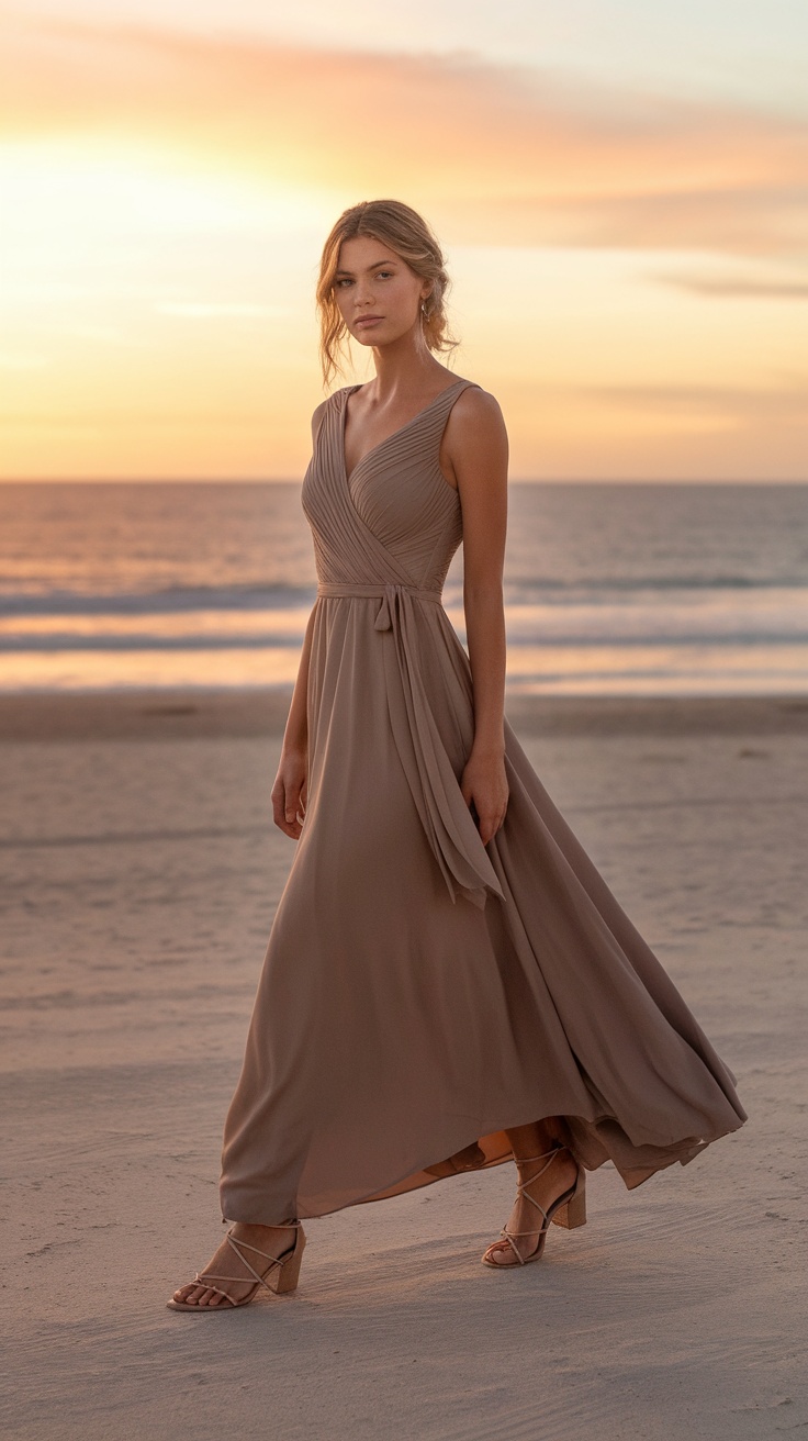 A woman in an elegant wrap dress with strappy sandals walking on the beach at sunset.