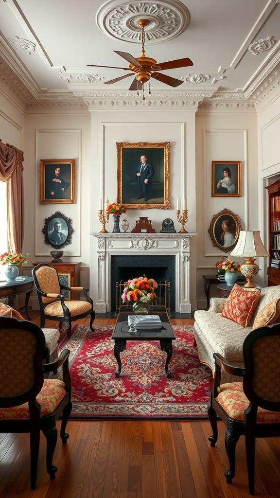 A beautifully arranged Victorian living room with symmetrical decor and elegant furniture.