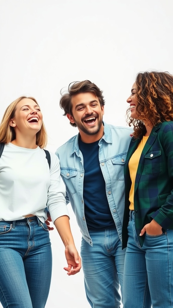 Three friends laughing together, showcasing the joy of laughter therapy.