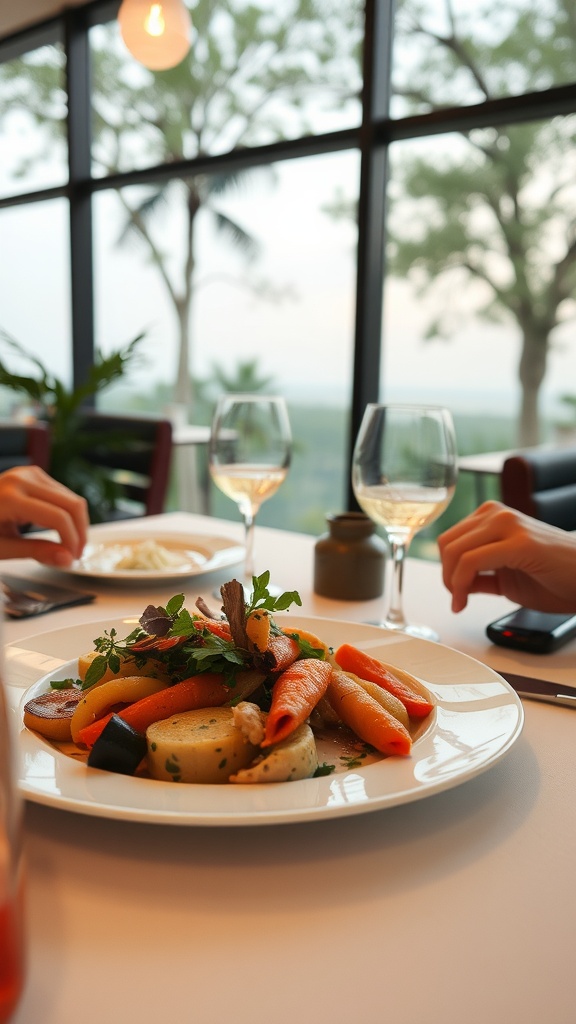 A beautifully plated dish of colorful vegetables in a serene dining setting with large windows.