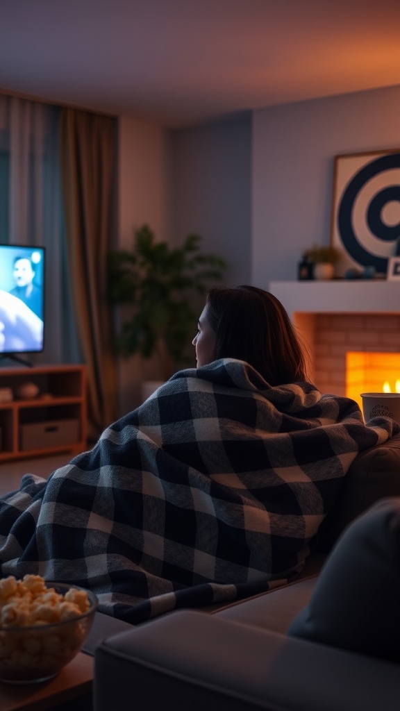 A person watching a movie while wrapped in a cozy blanket, with popcorn nearby and a warm fireplace in the background.