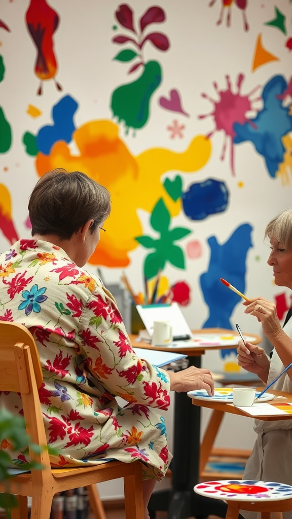 Two people engaged in art therapy, one painting and the other discussing over a colorful backdrop.