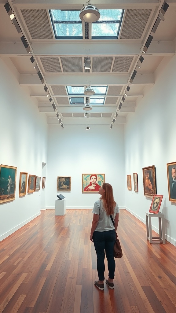 A person viewing artwork in a bright art gallery with wooden floors