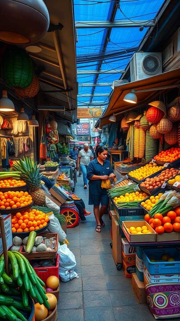 A vibrant local market with colorful fruits and vegetables, showcasing a bustling atmosphere.