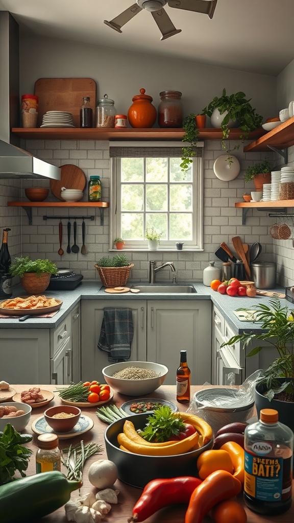 A cozy kitchen filled with fresh vegetables, herbs, and cooking ingredients