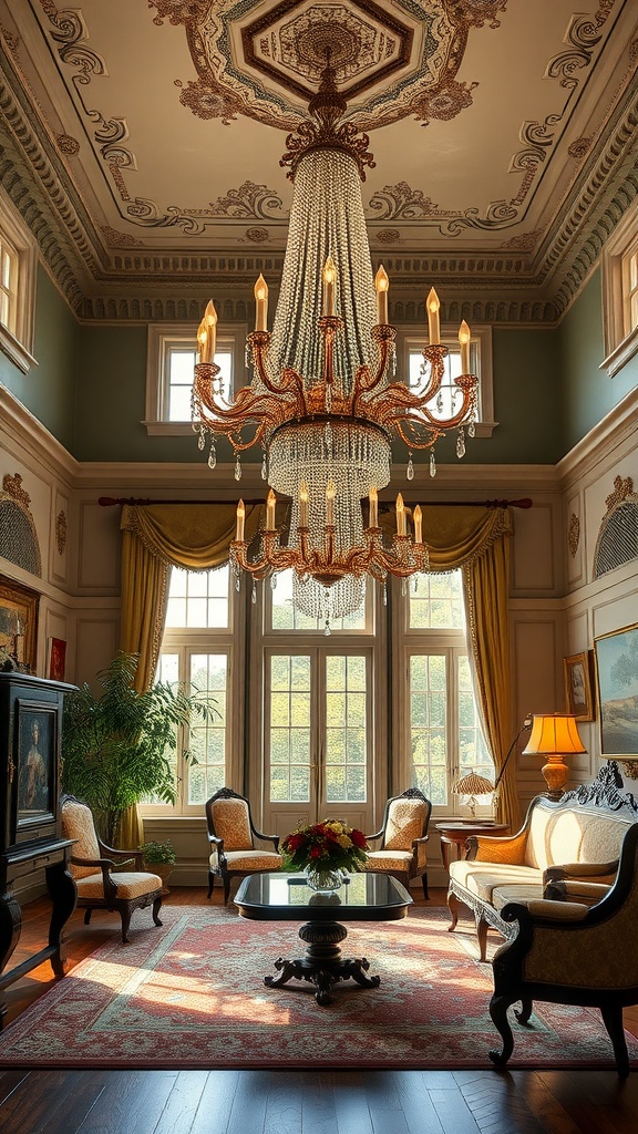 A beautifully designed Victorian living room featuring an elaborate chandelier and vintage decor.