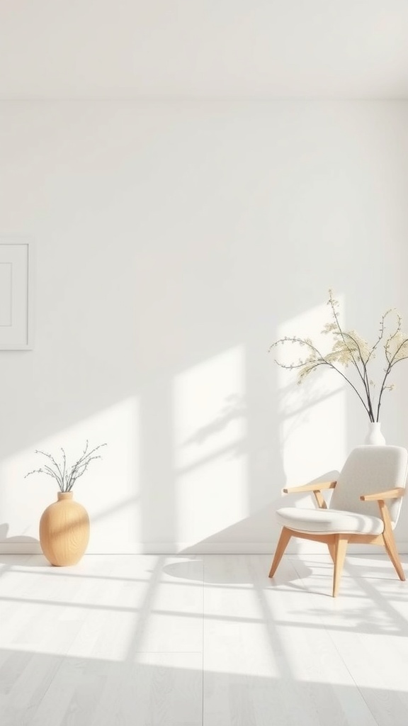 A minimalist room with a chair, vase, and sunlight casting shadows.