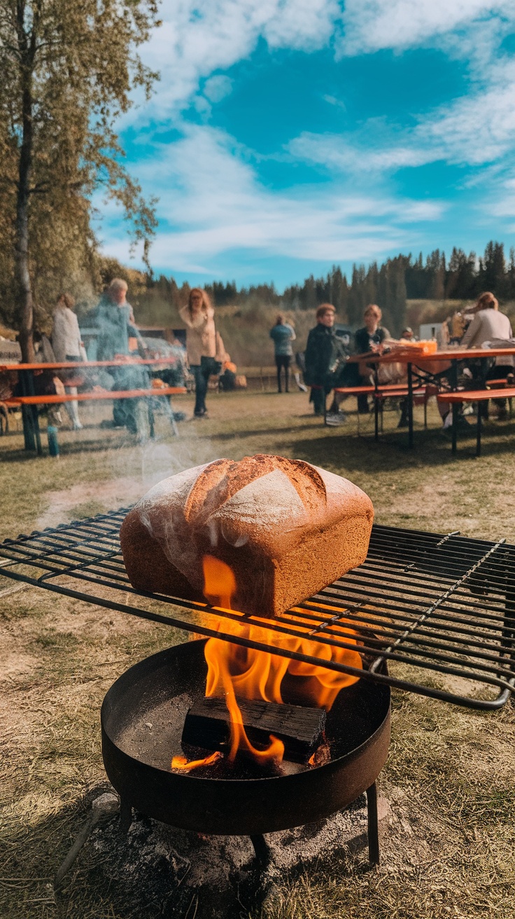 A freshly baked loaf of bread resting on a grill over an open fire, surrounded by a scenic outdoor setting.