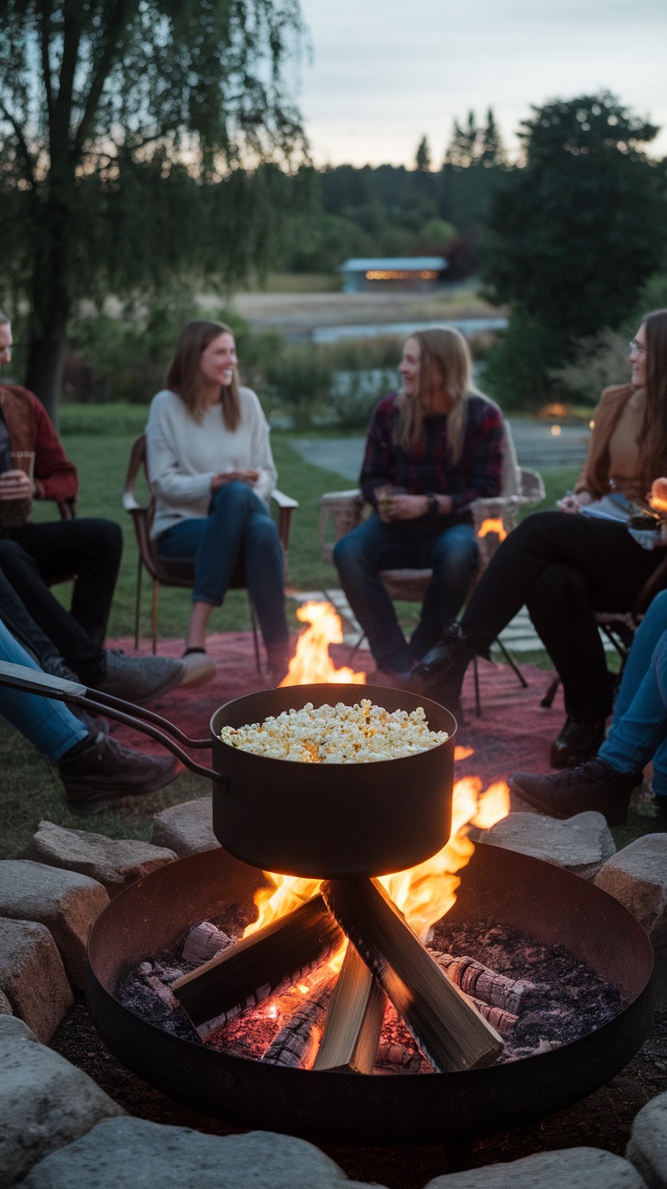 A group of friends enjoying popcorn cooked over a fire pit.