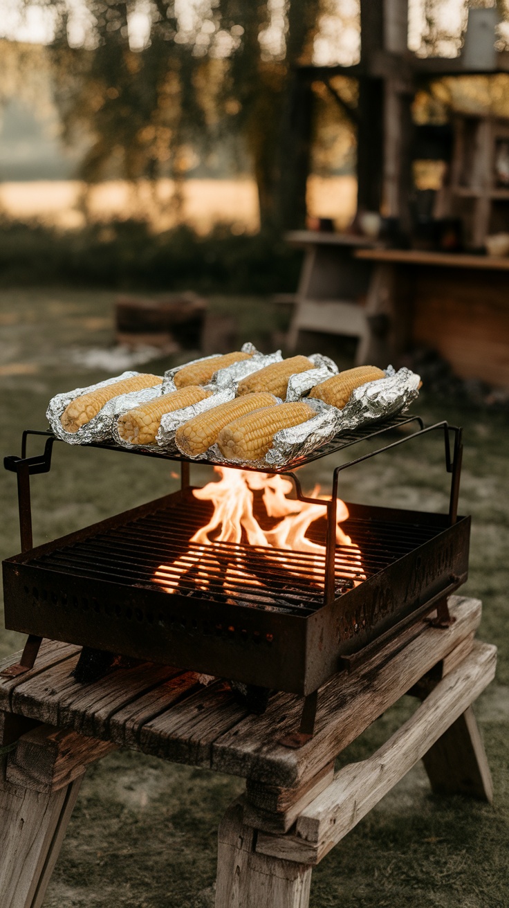 Fire roasted corn on a grill over an open flame