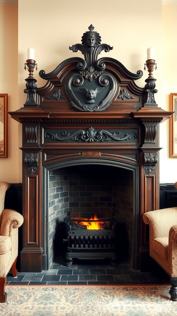 An ornate Victorian fireplace with intricate designs and a cozy fire.