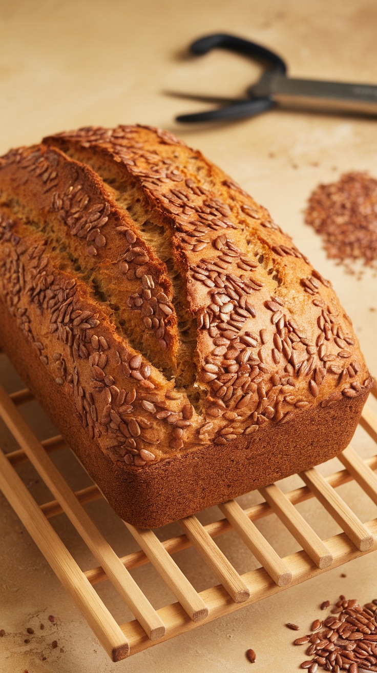 A loaf of flaxseed bread on a wooden rack with flaxseeds scattered around.