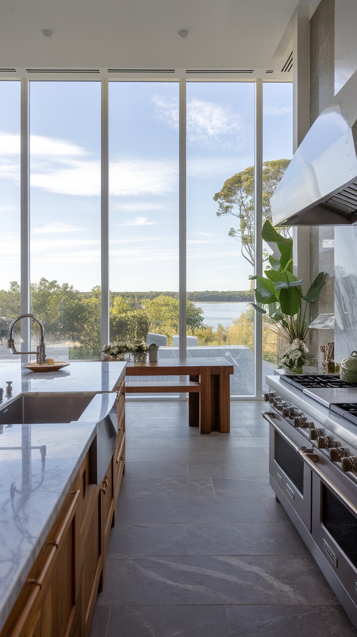 A modern luxury kitchen with floor-to-ceiling windows overlooking a beautiful landscape.