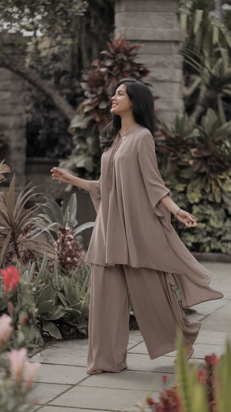 A woman in a flowy tunic and palazzo pants, enjoying a sunny day in a garden.