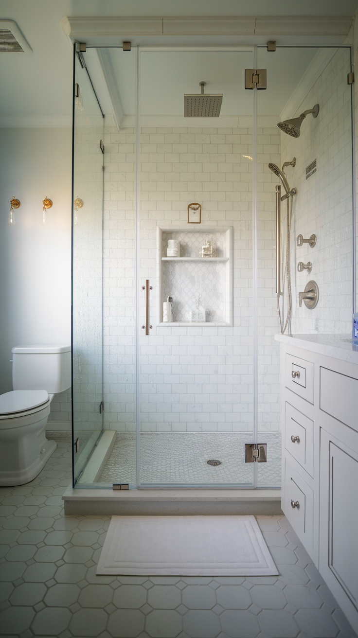 A modern bathroom featuring a frameless glass shower enclosure with white tile walls and a stylish showerhead.